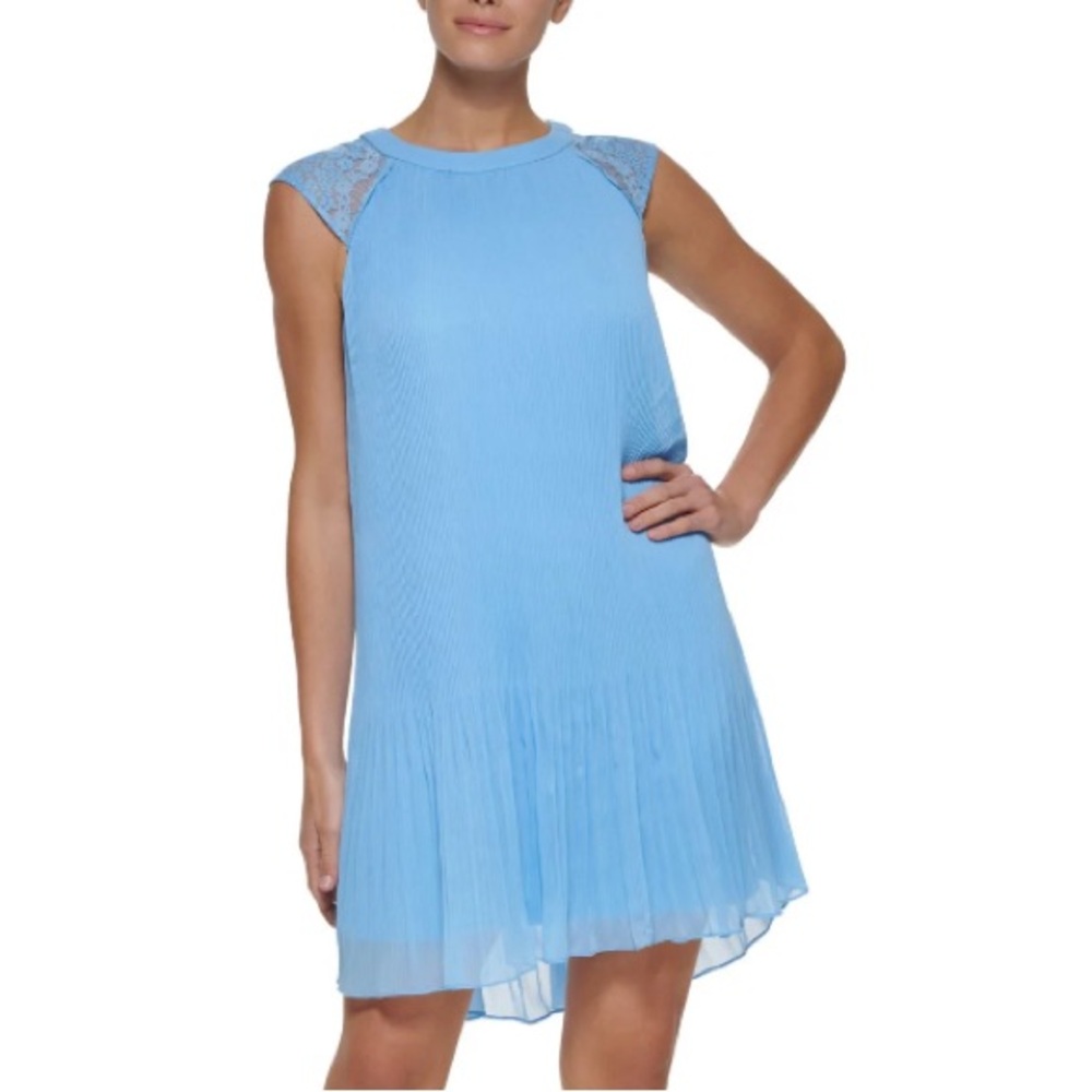 DKNY Pleated Cap Sleeve Party Shift Dress in Light Blue, Size 16 EXCELLENT! $139